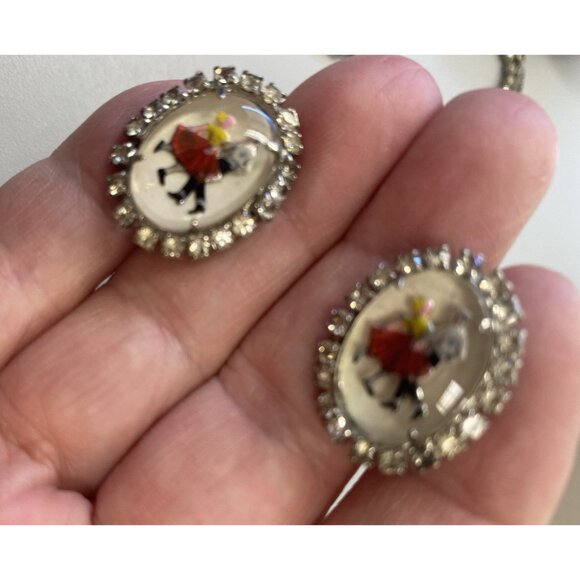 MCM Square Dancing Couple Rhinestone Pendant Necklace & Clip Earring Set Glass - Picture 3 of 13